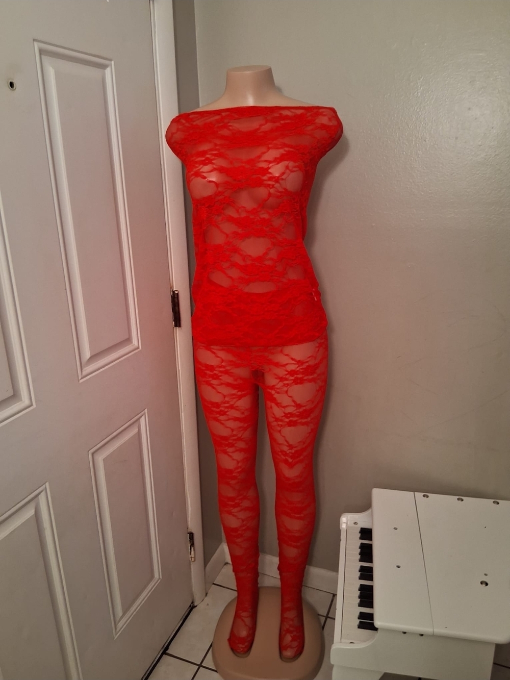 Red Lace Sheer Bodysuit Leggings Set